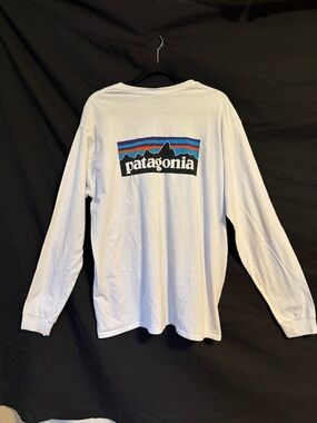 Patagonia White Long Sleeve Tee with Multicolor Mountain Logo